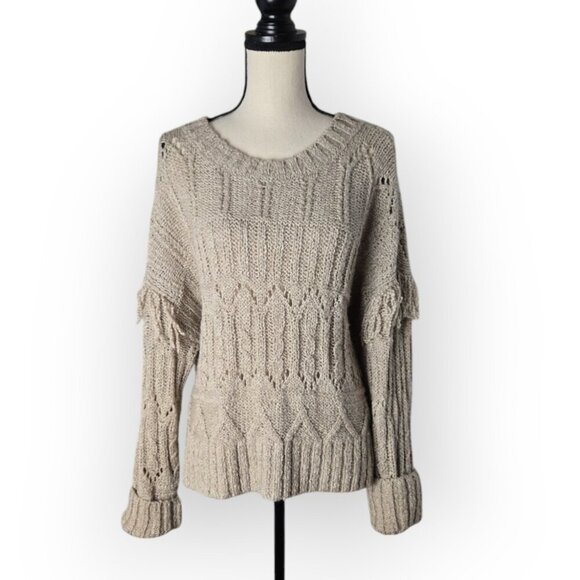 Old Navy Brown Heather Textured Loose Knit Fringe Shoulder Sweater L - Picture 6 of 10